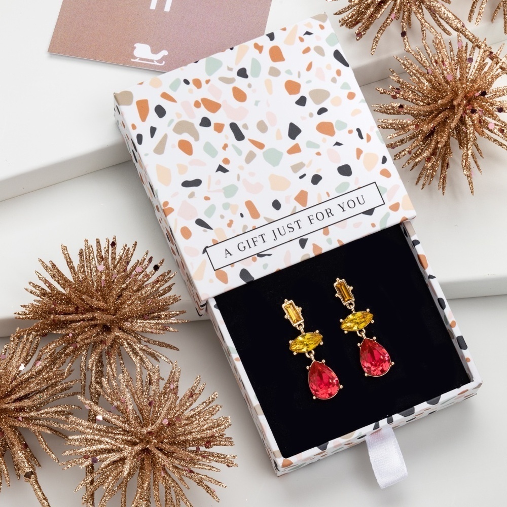 Red and Yellow Crystal Drop Earrings – NWT – Gift Box Included